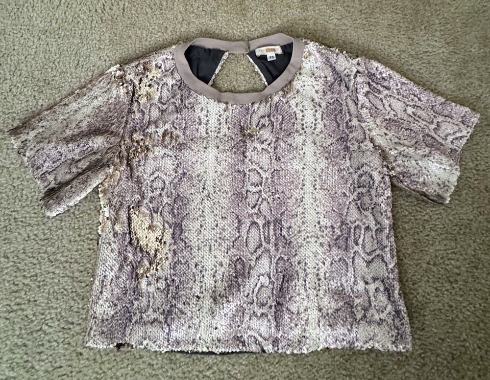 Ramy Brook XS Snake Print Sequin Top Silver Gray Short Sleeve Open Back Blouse